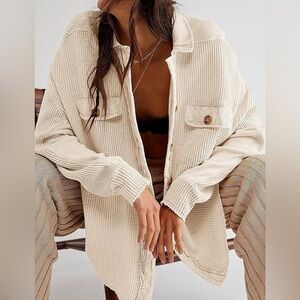 Free People Slouchy Oversized Cream Button-Up Waffle Knit Shirt
